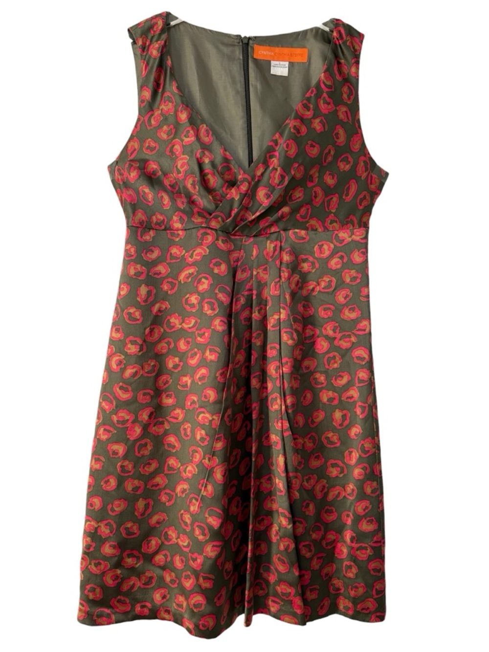 100% Silk Cynthia Rowley Fully Lined Olive Dress Pink Floral Wrap Skirt Size 4